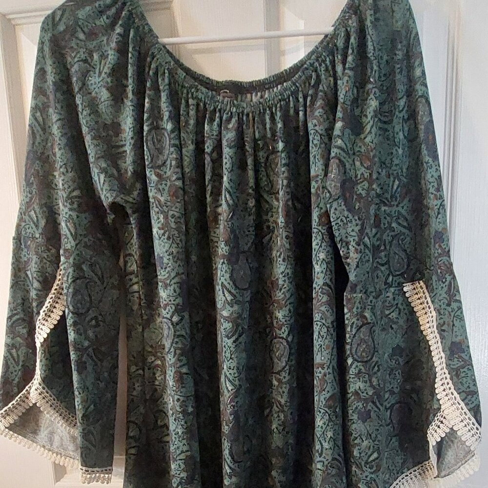 Green Paisley 3/4 sleeve Tunic Top L/XL Boho style